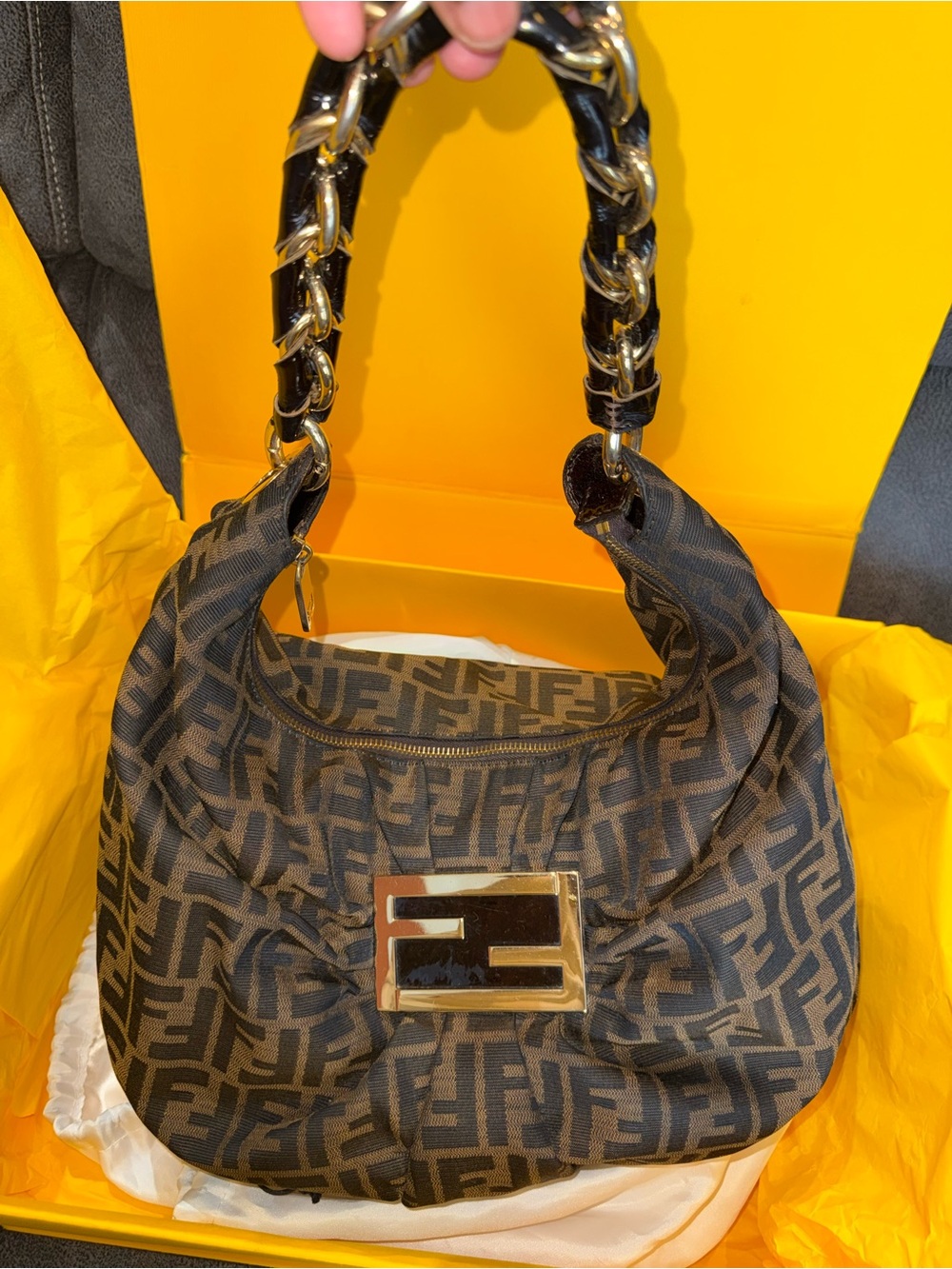 FENDI MIA ZUCCA - TABACCO Monogram Hobo Bag with Chain Handle
